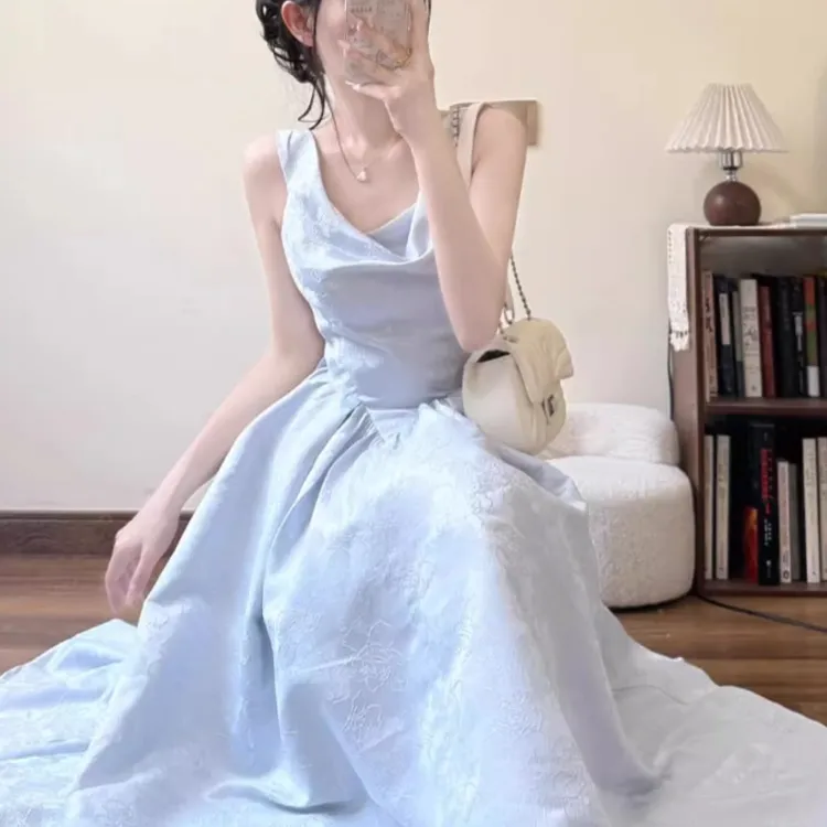 CPAURA Slip Dresses Women's Blue Jacquard+Bowknot Hair Tie Comes With-6