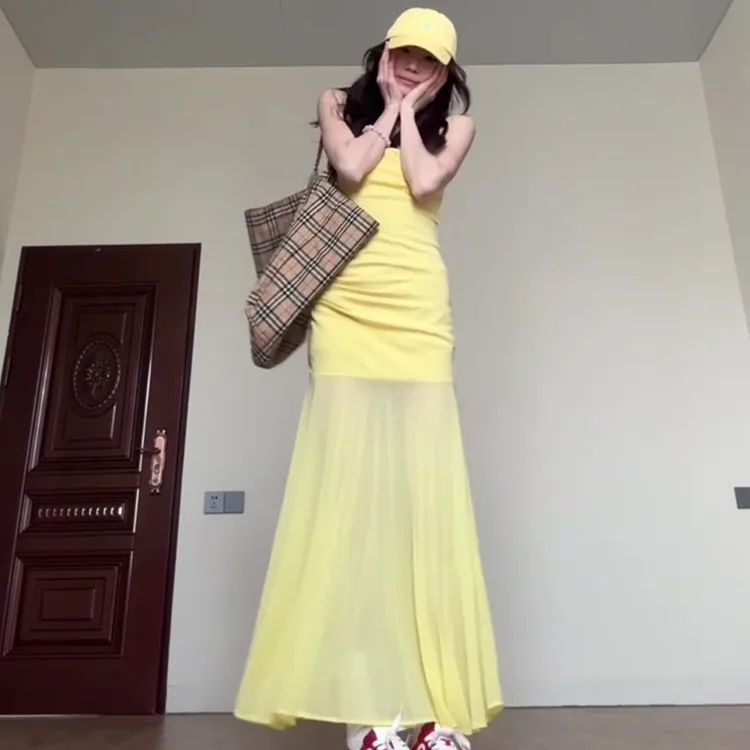 CPAURA Slip Dress Women's Yellow+Bowknot Hair Tie Comes With-2
