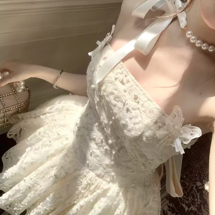 CPAURA Slip Dress Women's White+Bowknot Hair Tie Comes With-6