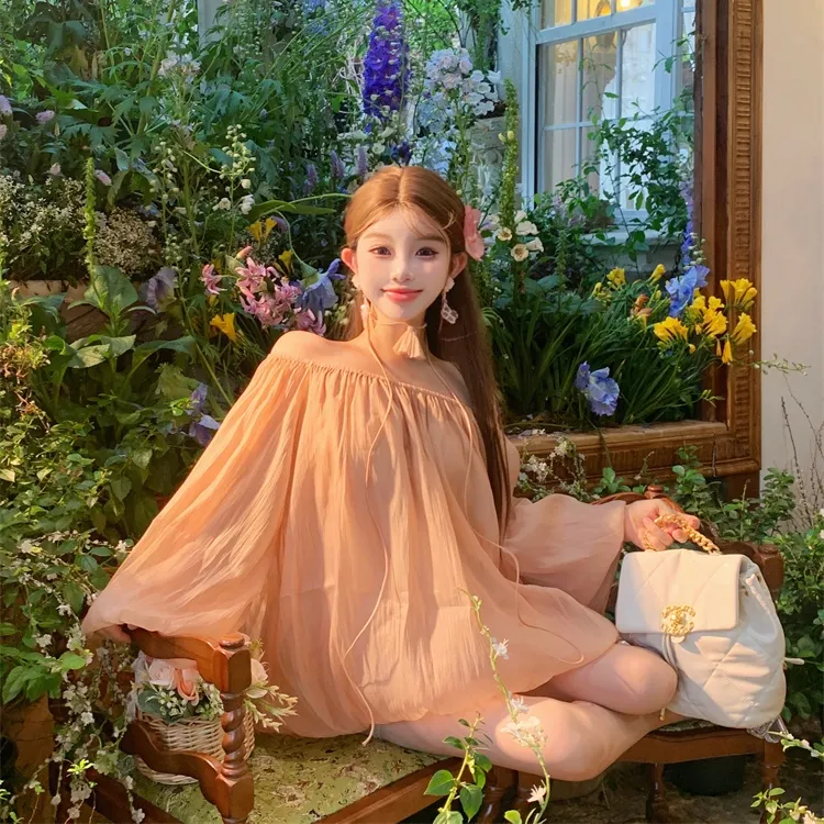 CPAURA Chiffon Shirt Women's Sweet Orange+Bowknot Hair Tie Comes With-3