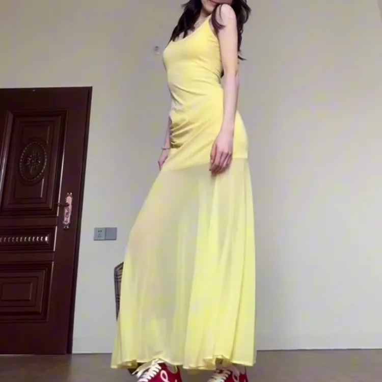 CPAURA Slip Dress Women's Yellow+Bowknot Hair Tie Comes With-6