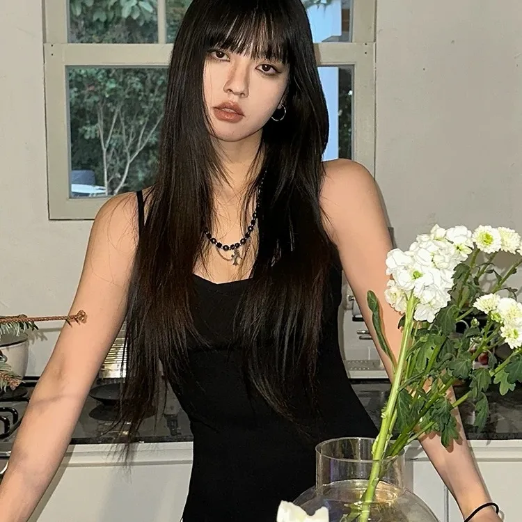 CPAURA Slip Dress Women's Black White+Bowknot Hair Tie Comes With-2