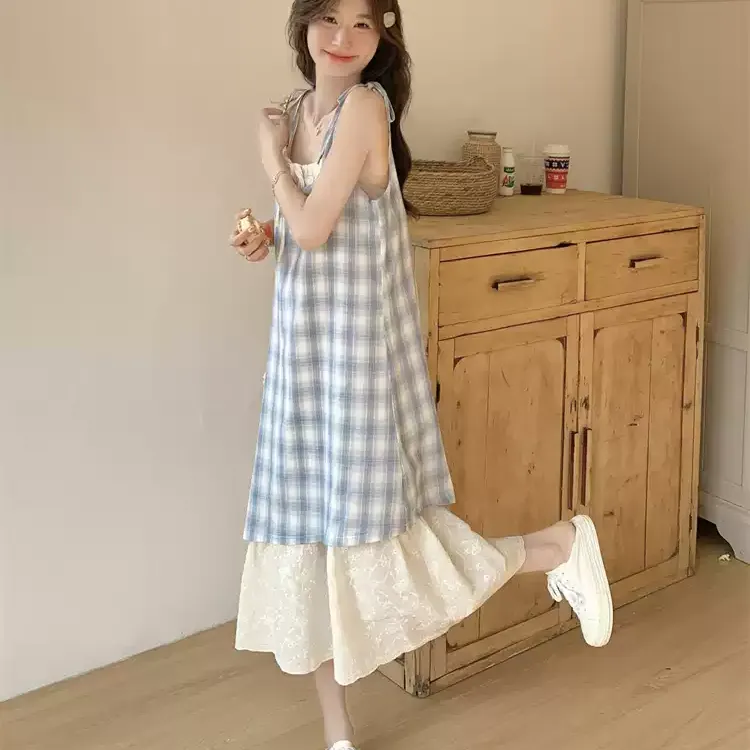 CPAURA Slip Dresses Women's Blue Plaid+Bowknot Hair Tie Comes With-3