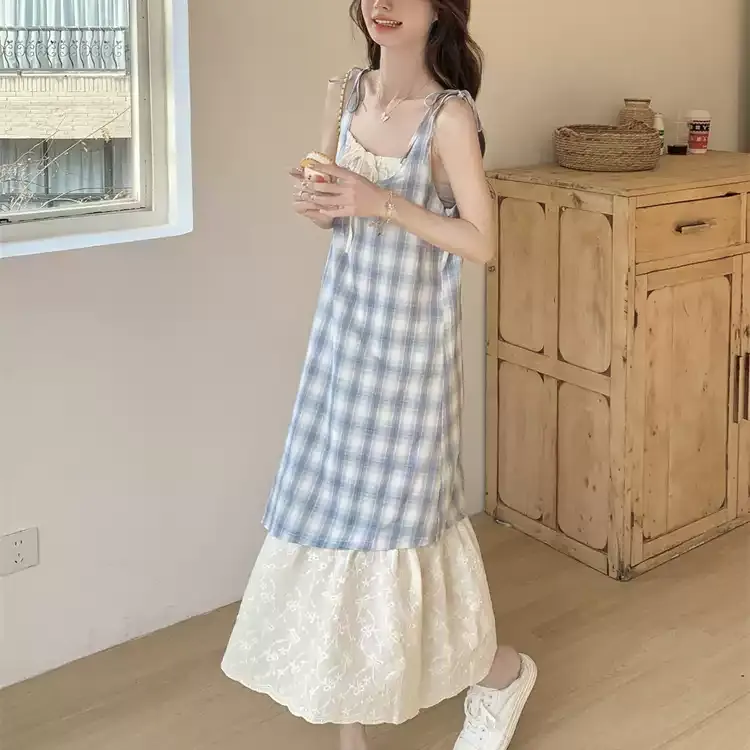 CPAURA Slip Dresses Women's Blue Plaid+Bowknot Hair Tie Comes With-2