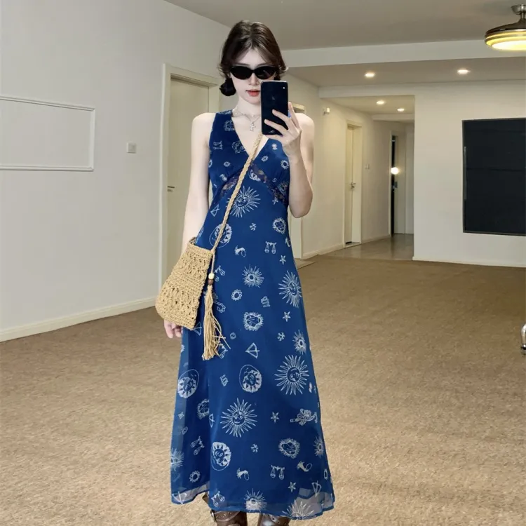 CPAURA Slip Dresses Women's Navy Blue+Bowknot Hair Tie Set-6