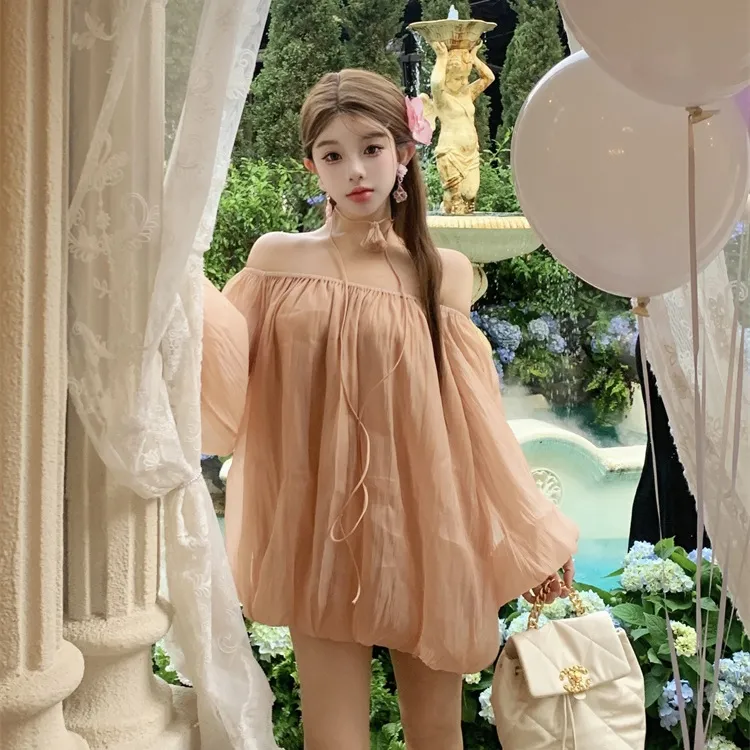 CPAURA Chiffon Shirt Women's Sweet Orange+Bowknot Hair Tie Comes With-2