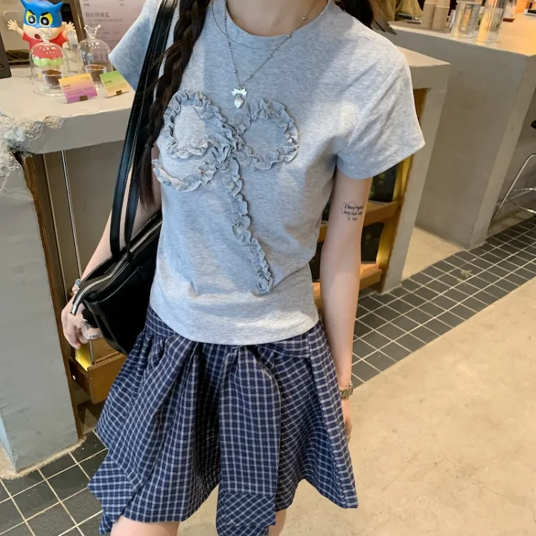 CPAURA Skirt Set Women's Gray Top/Plaid Skirt-5