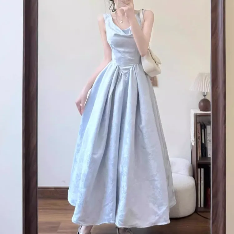 CPAURA Slip Dresses Women's Blue Jacquard+Bowknot Hair Tie Comes With-5