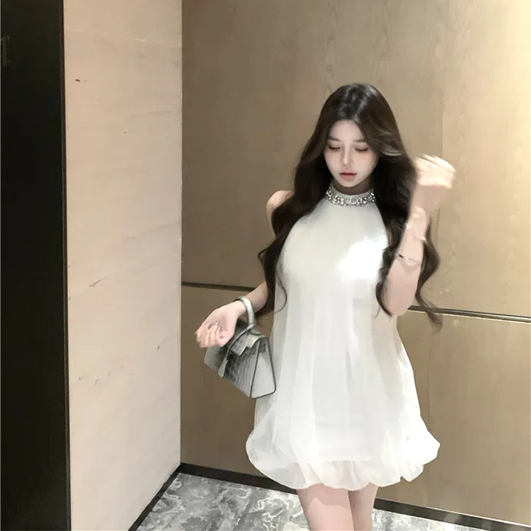 CPAURA Sleeveless Dress Women's White+Bowknot Hair Tie Comes With-3