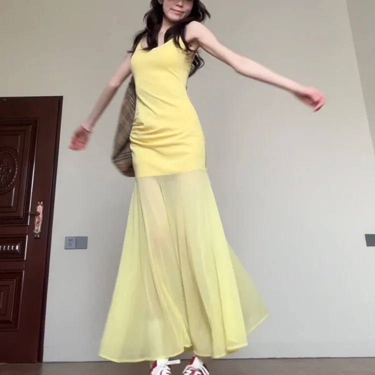 CPAURA Slip Dress Women's Yellow+Bowknot Hair Tie Comes With-3