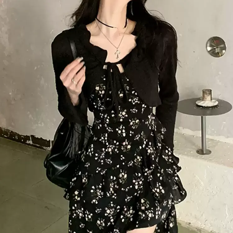 CPAURA Two Piece Skirt Sets Women's Clothing Sets Camisole+Cardigan+Bowknot Hair Tie Comes With-3