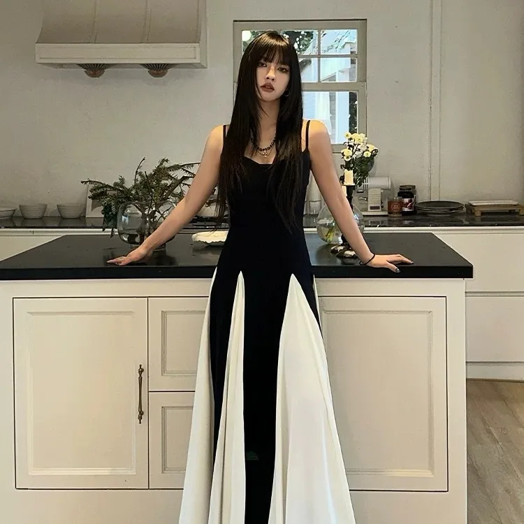 CPAURA Slip Dress Women's Black White+Bowknot Hair Tie Comes With-4