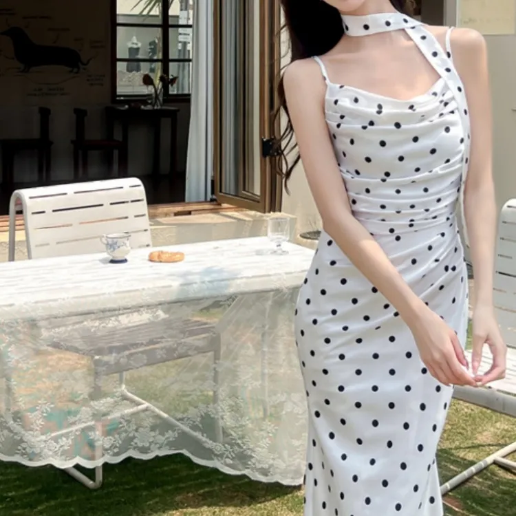 CPAURA Slip Dress Women's White Base With Black Polka Dots-2