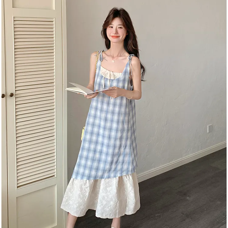 CPAURA Slip Dresses Women's Blue Plaid+Bowknot Hair Tie Comes With-6