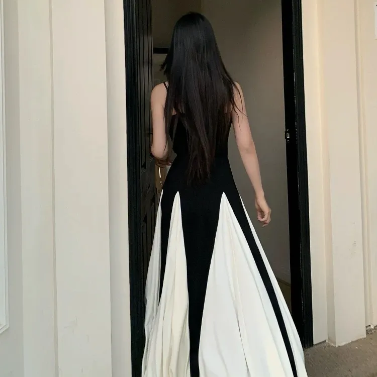 CPAURA Slip Dress Women's Black White+Bowknot Hair Tie Comes With-5