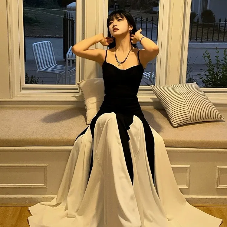 CPAURA Slip Dress Women's Black White+Bowknot Hair Tie Comes With-6