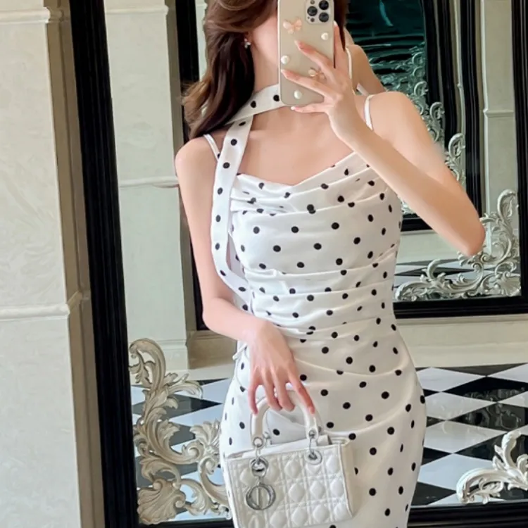 CPAURA Slip Dress Women's White Base With Black Polka Dots-3