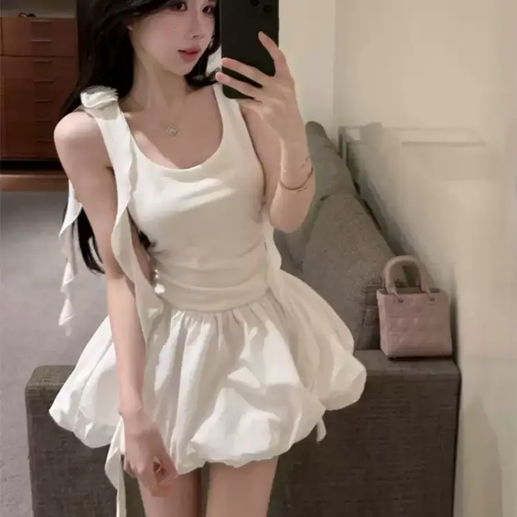 CPAURA Sleeveless Dress Women's White+Bowknot Hair Tie Comes With-2