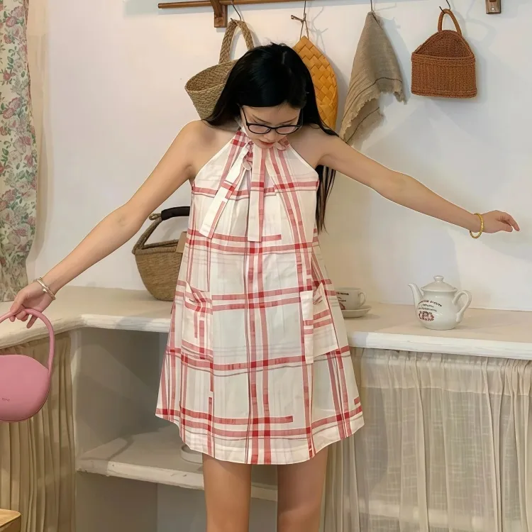 CPAURA Sleeveless Dress Women's Red Plaid+Bowknot Hair Tie Comes With-4