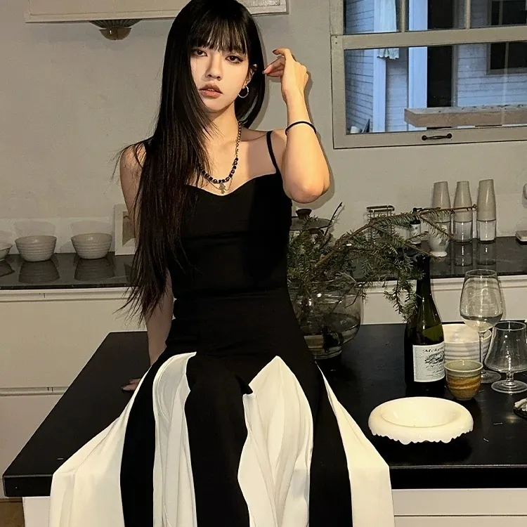 CPAURA Slip Dress Women's Black White+Bowknot Hair Tie Comes With-3