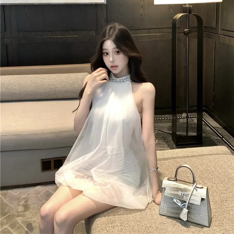 CPAURA Sleeveless Dress Women's White+Bowknot Hair Tie Comes With-5