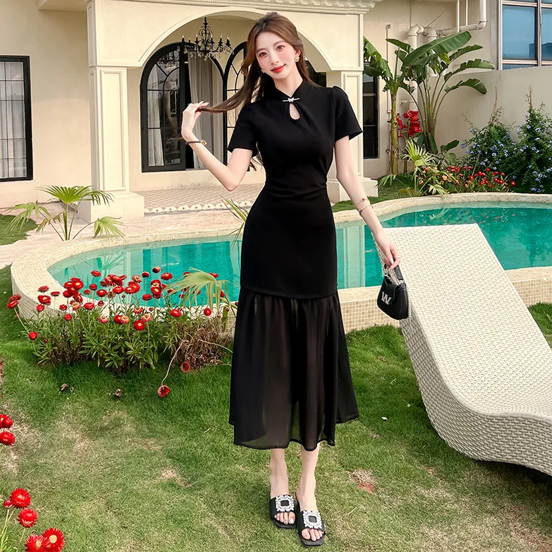 CPAURA Short Sleeved Dress Women's Black+Bowknot Hair Tie Comes With-5