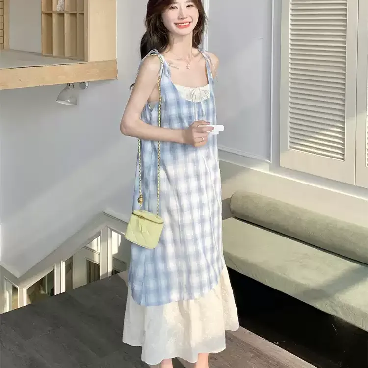 CPAURA Slip Dresses Women's Blue Plaid+Bowknot Hair Tie Comes With-5