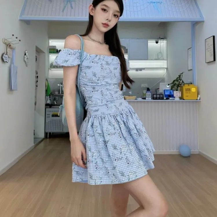 CPAURA Short Sleeved Dress Women's Blue+Bowknot Hair Tie Comes With-2