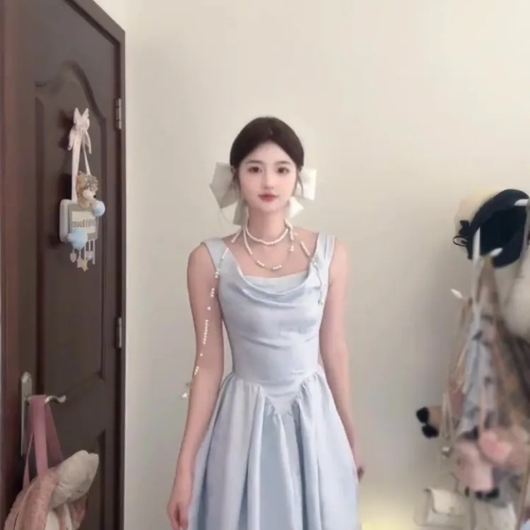 CPAURA Slip Dresses Women's Blue Jacquard+Bowknot Hair Tie Comes With-2