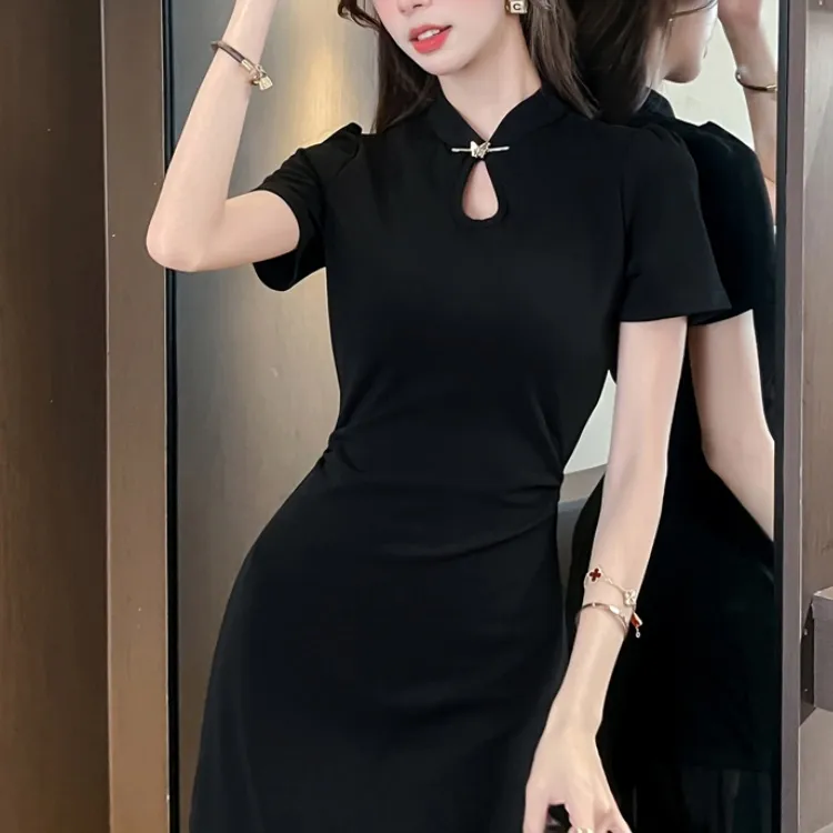 CPAURA Short Sleeved Dress Women's Black+Bowknot Hair Tie Comes With-4