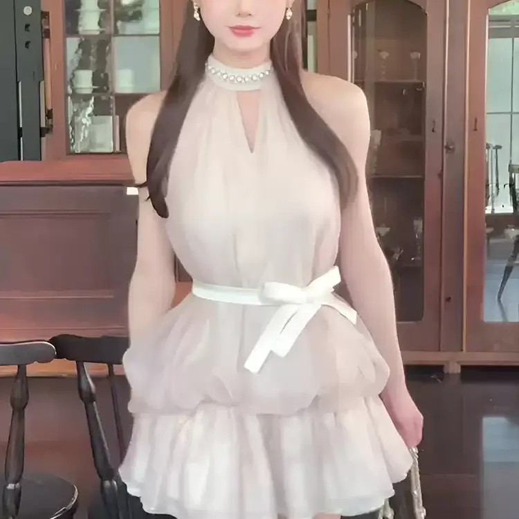 CPAURA Sleeveless Dress Women's Pink+Bowknot Hair Tie Comes With-6