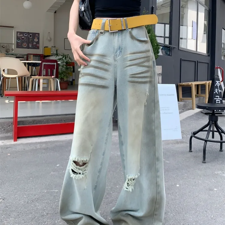 CPAURA Jeans Women's Blue Jeans+Belt+Bowknot Hair Tie Comes With-3