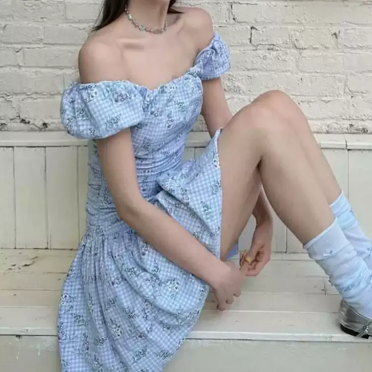 CPAURA Short Sleeved Dress Women's Blue+Bowknot Hair Tie Comes With-5
