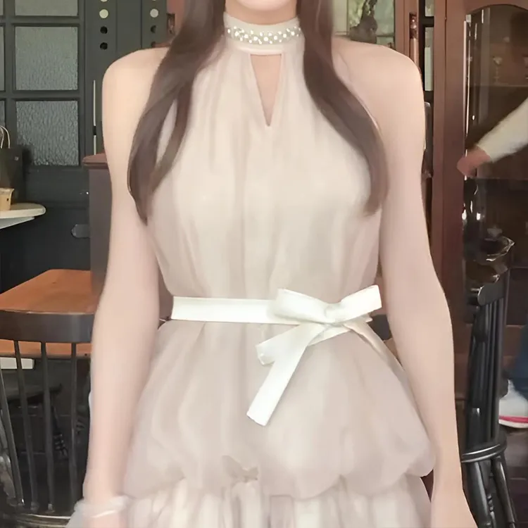 CPAURA Sleeveless Dress Women's Pink+Bowknot Hair Tie Comes With-2