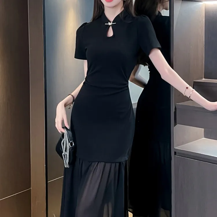 CPAURA Short Sleeved Dress Women's Black+Bowknot Hair Tie Comes With-3