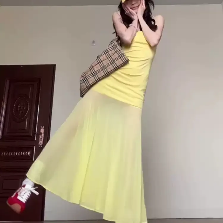 CPAURA Slip Dress Women's Yellow+Bowknot Hair Tie Comes With-4