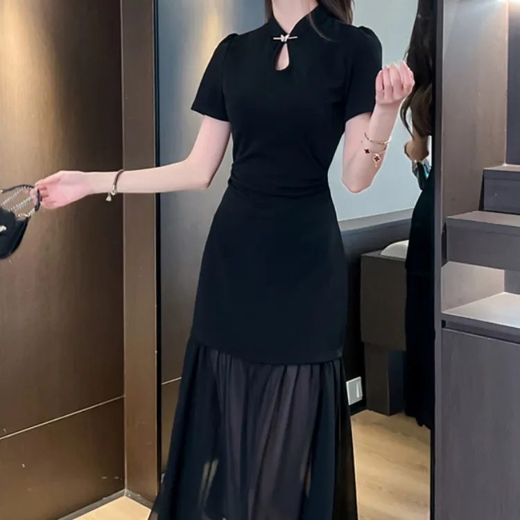 CPAURA Short Sleeved Dress Women's Black+Bowknot Hair Tie Comes With-2