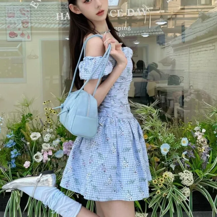 CPAURA Short Sleeved Dress Women's Blue+Bowknot Hair Tie Comes With-4