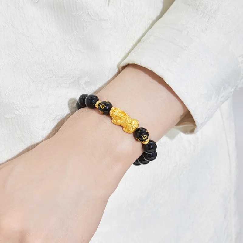 Lao Feng Xiang Natural Agate S999 Fine Silver Beaded Bracelet Men's-3