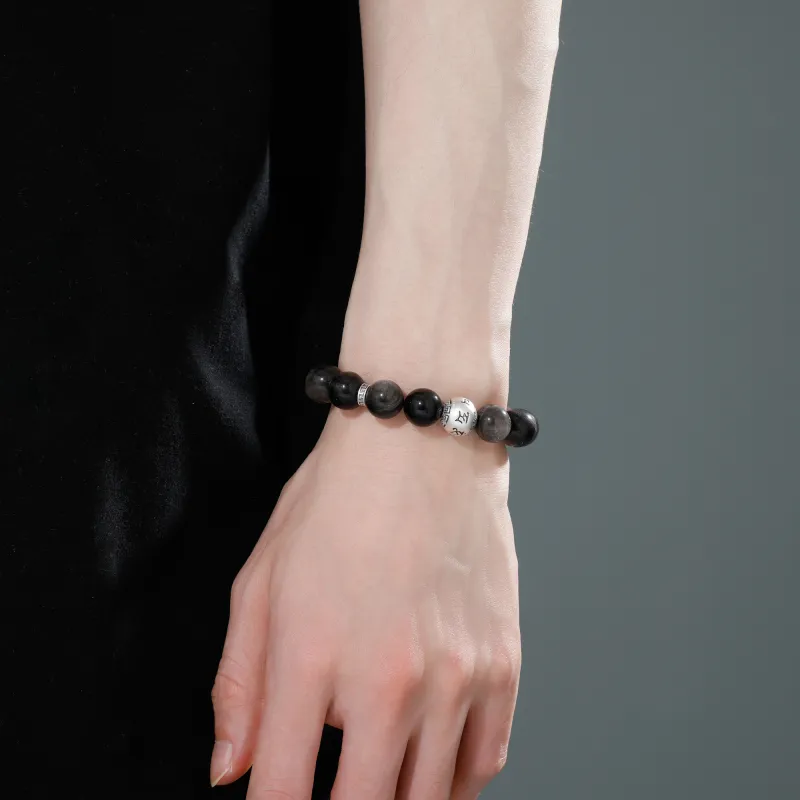 Lao Feng Xiang Obsidian 999 Fine Silver Beaded Bracelet Men's-11
