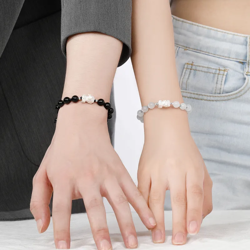 Lao Feng Xiang S999 Fine Silver Sterling Silver Beaded Bracelet Pair Unisex Box-14
