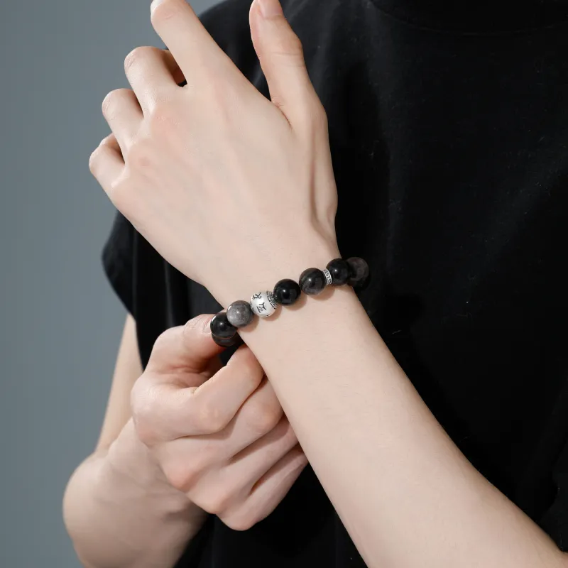 Lao Feng Xiang Obsidian 999 Fine Silver Beaded Bracelet Men's-4