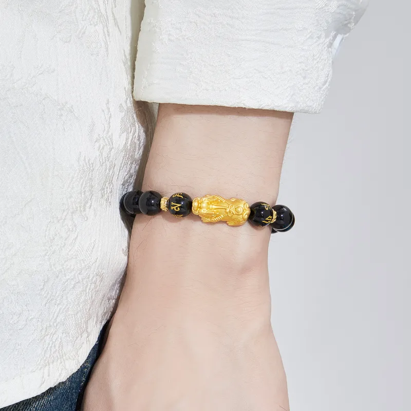 Lao Feng Xiang Natural Agate S999 Fine Silver Beaded Bracelet Men's-5