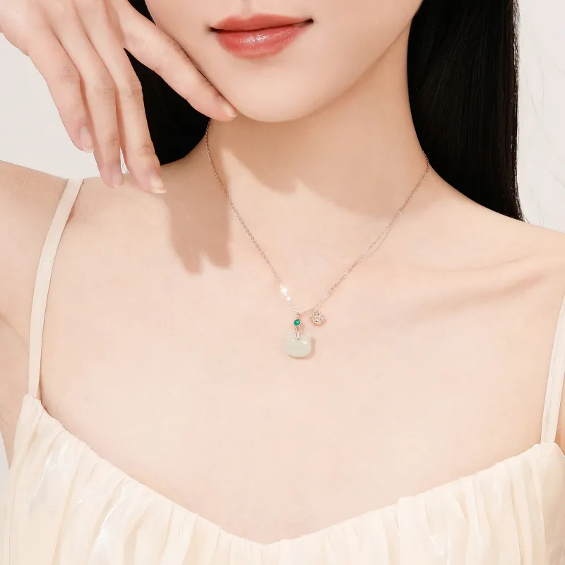 Lao Feng Xiang Hetian Jade Necklaces Pale Greenish White Jade Women's-5
