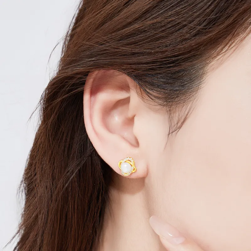 Lao Feng Xiang Pearl Stud Earrings Women's-4