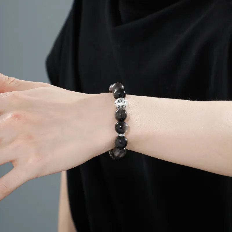 Lao Feng Xiang Obsidian 999 Fine Silver Beaded Bracelet Men's-6