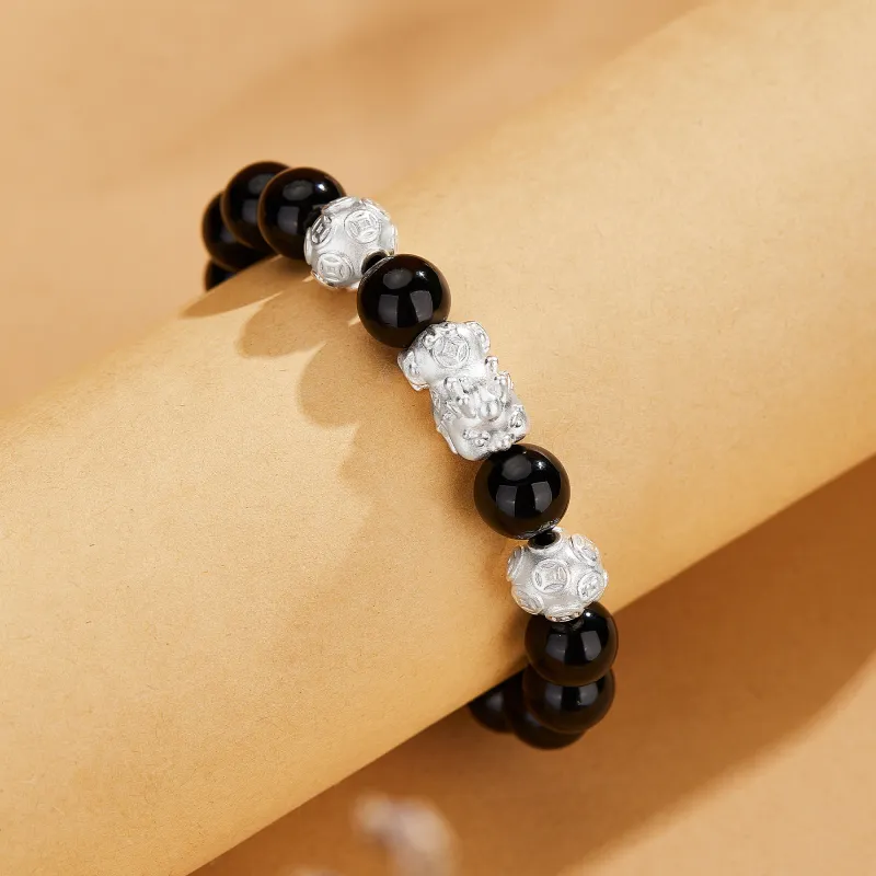 Lao Feng Xiang S999 Fine Silver Sterling Silver Beaded Bracelet Pair Unisex Box-9