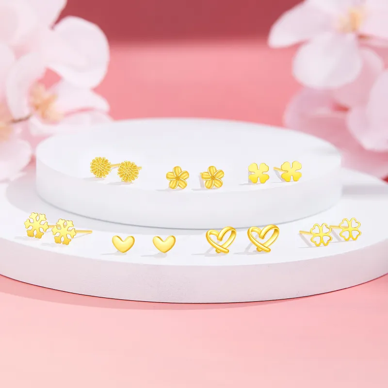 Lao Feng Xiang S999 Fine Silver Stud Earrings Women's-3