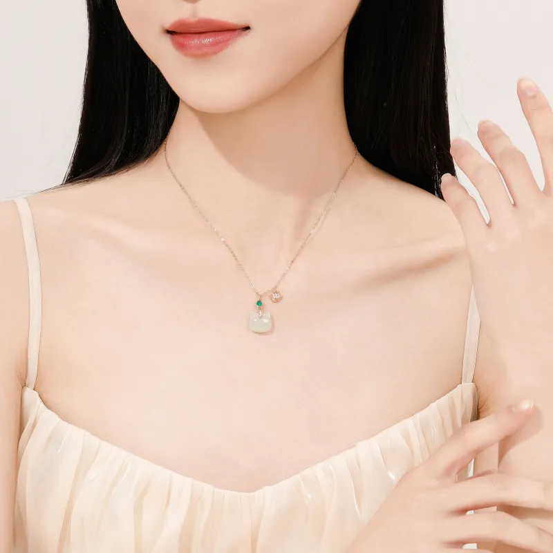 Lao Feng Xiang Hetian Jade Necklaces Pale Greenish White Jade Women's-6
