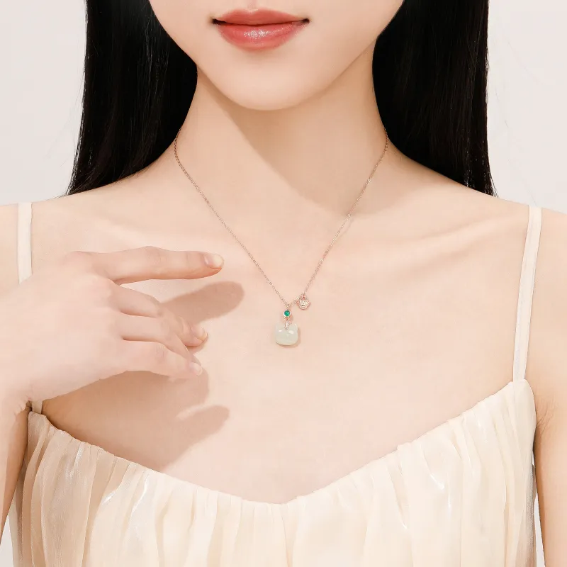 Lao Feng Xiang Hetian Jade Necklaces Pale Greenish White Jade Women's-4